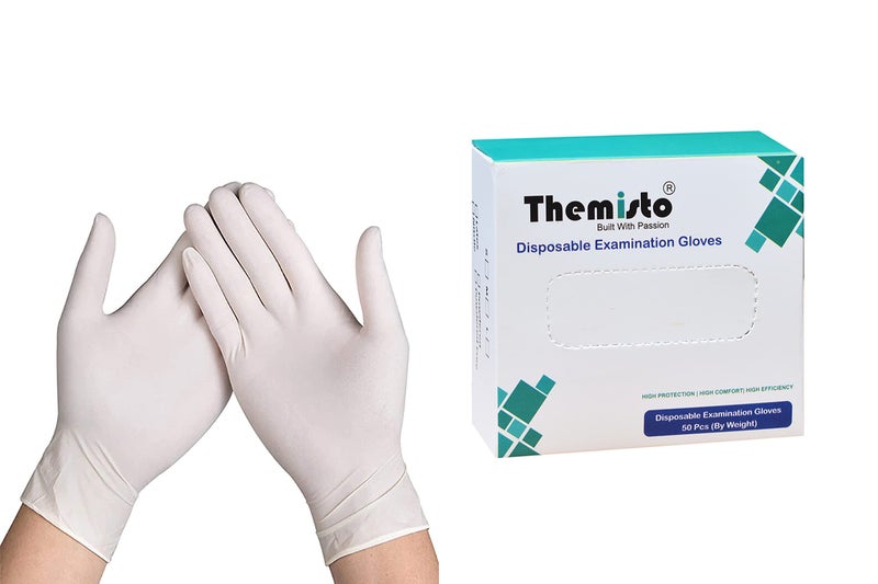 THEMISTO Latex Medical Examination Hand Gloves, Disposable Gloves Non-Sterile and Less Powdered, White Coloured Surgical Gloves - Pack of 50 Pieces(Medium) - Image 1