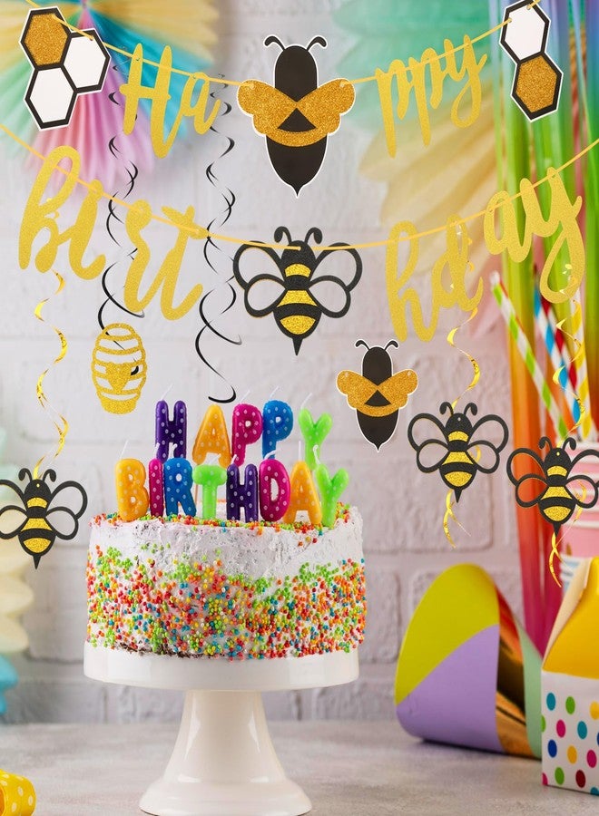 Macuezu Bee Day Banner, Gold Glitter Happy Birthday Banner with 22pcs Hanging Swirls, Honey Bumble Bee Decorations for Baby Shower Party Supplies Swirls Ceiling Decorations - Image 4