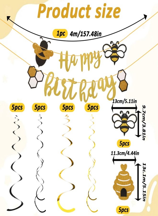 Macuezu Bee Day Banner, Gold Glitter Happy Birthday Banner with 22pcs Hanging Swirls, Honey Bumble Bee Decorations for Baby Shower Party Supplies Swirls Ceiling Decorations - Image 2