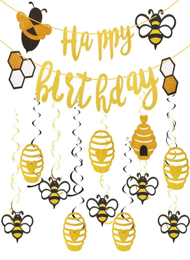 Macuezu Bee Day Banner, Gold Glitter Happy Birthday Banner with 22pcs Hanging Swirls, Honey Bumble Bee Decorations for Baby Shower Party Supplies Swirls Ceiling Decorations - Image 1