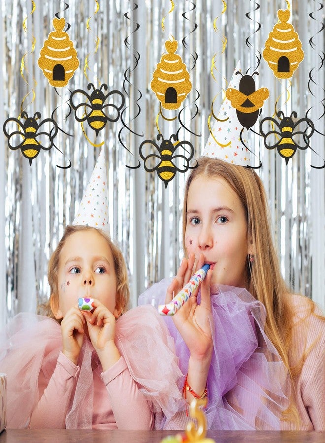 Macuezu Bee Day Banner, Gold Glitter Happy Birthday Banner with 22pcs Hanging Swirls, Honey Bumble Bee Decorations for Baby Shower Party Supplies Swirls Ceiling Decorations - Image 3