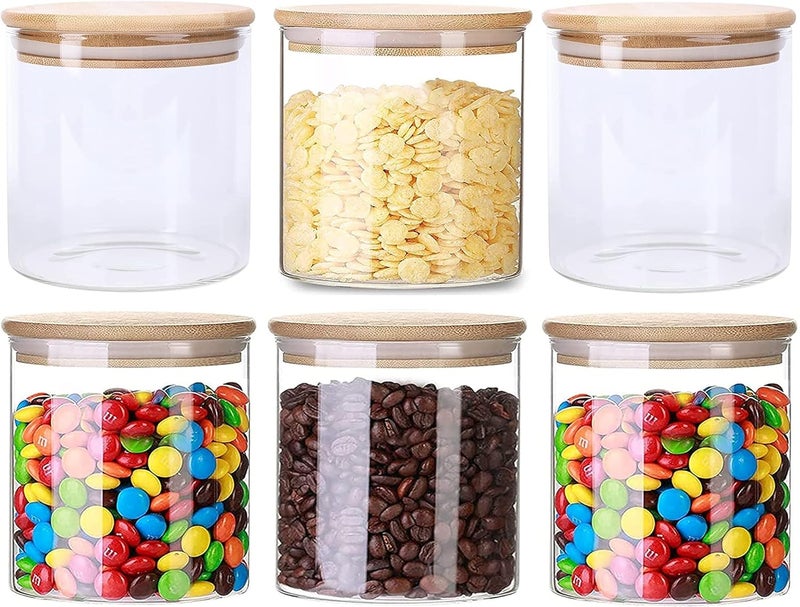 Evatta Pack of 6 Glass Food Storage Containers SetAirtight Food Jars with Bamboo Wooden Lids Kitchen Canisters for SugarCandy Cookie 500 ml Wooden lid - Image 1