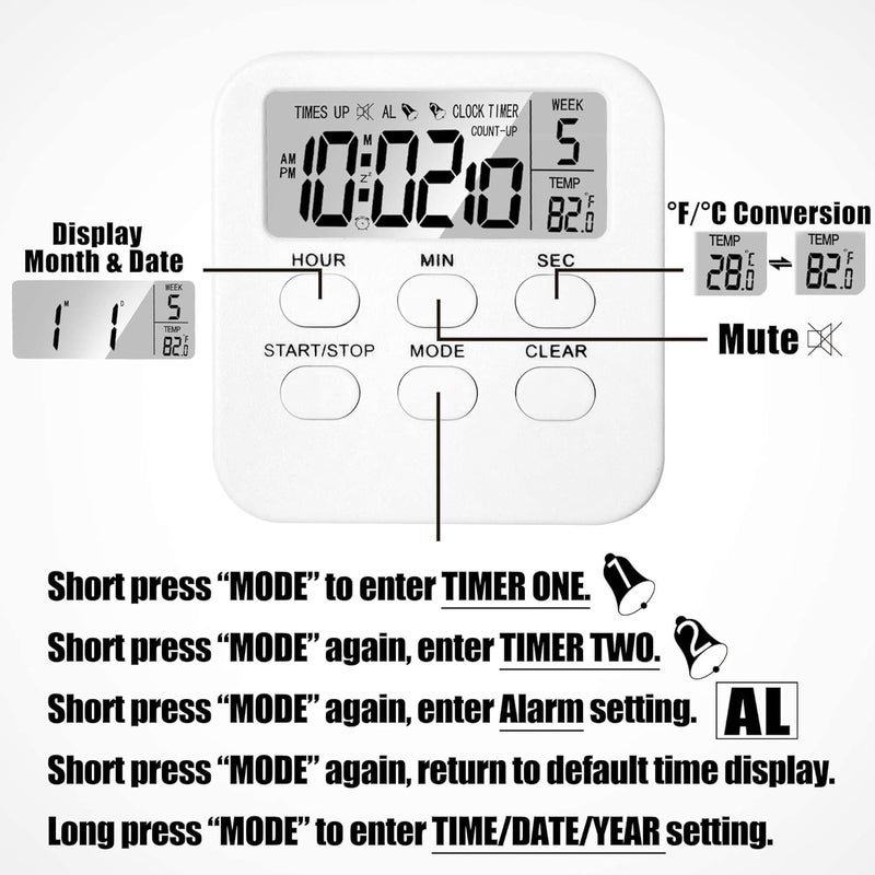 FS COOL 3 in 1 Multifunctional Kitchen Timer with MuteLoud Alarm Switch ONOff Switch 24 Hour Clock Alarm Memory Function Set of 1 - Image 4