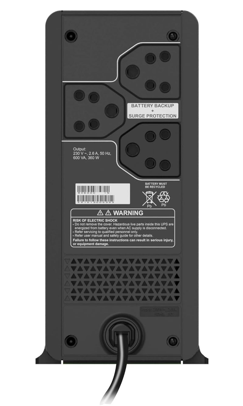 A.P.C. باك-أب BX600C-IN 600VA / 360W، 230V، نظام UPS، مثالي كنسخة احتياطية للطاقة وحماية لمكتب المنزل، الكمبيوتر المكتبي والإلكترونيات المنزلية - Image 4