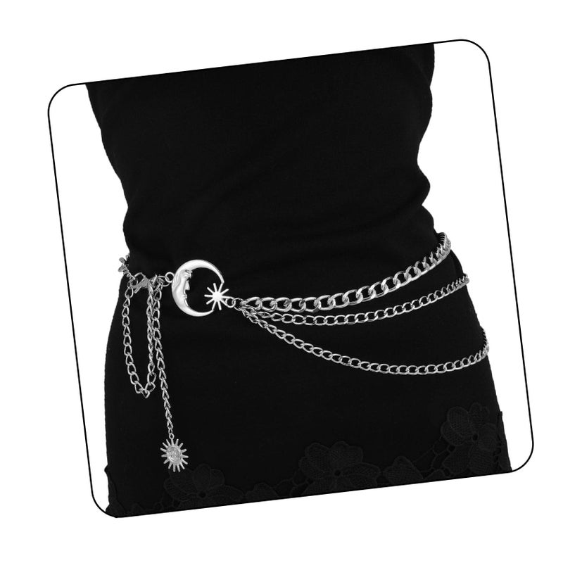 Milakoo Multilayer Metal Waist Chain Belts Adjustable Women Moon & Star Chunky Belt for Dress - Image 1