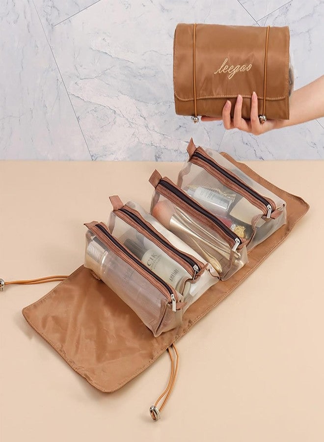 CLICKSY Professional Cosmetic Makeup Kit Storage Pouch, Foldable Travel Toiletry Organizer for Women, Hanging Makeup Bag with Multiple Compartments for Brushes, Skincare & Accessories (Brown) - Image 3