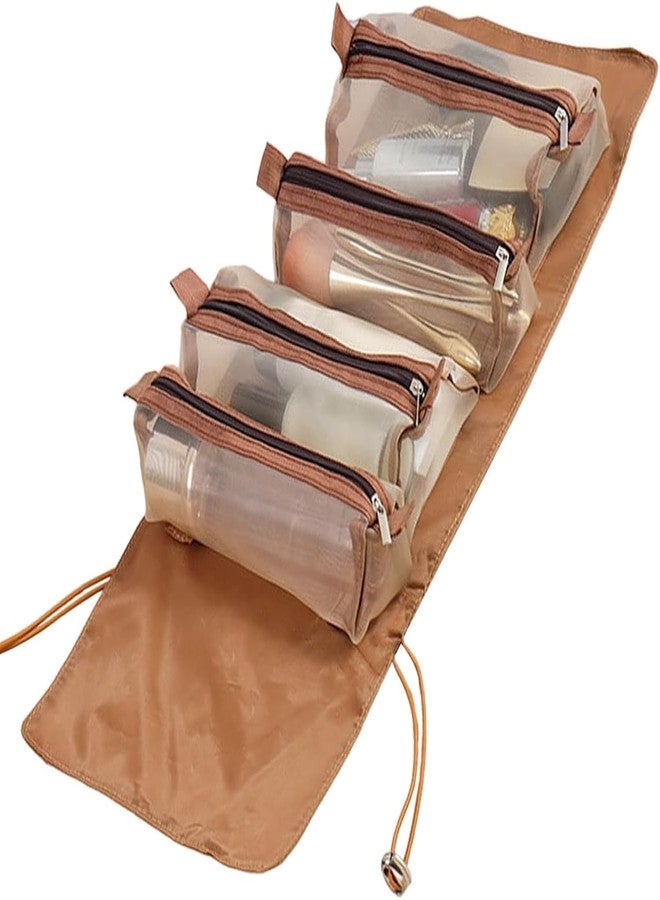 CLICKSY Professional Cosmetic Makeup Kit Storage Pouch, Foldable Travel Toiletry Organizer for Women, Hanging Makeup Bag with Multiple Compartments for Brushes, Skincare & Accessories (Brown) - Image 1