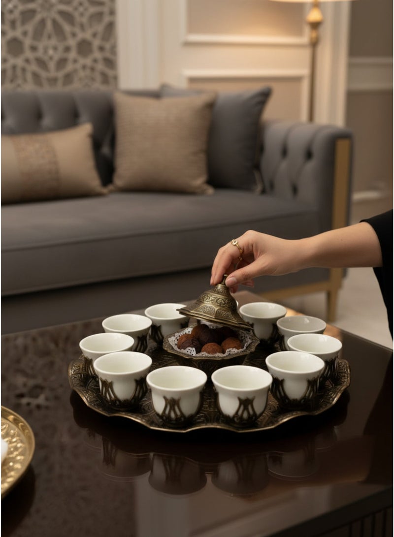 Acar Luxury Arabian Coffee Set for 12 with Tray, Glass Cups with Holders, and Covered Dates Pot in a Magical Ottoman Bronze Touch – Made in Turkey - Image 1