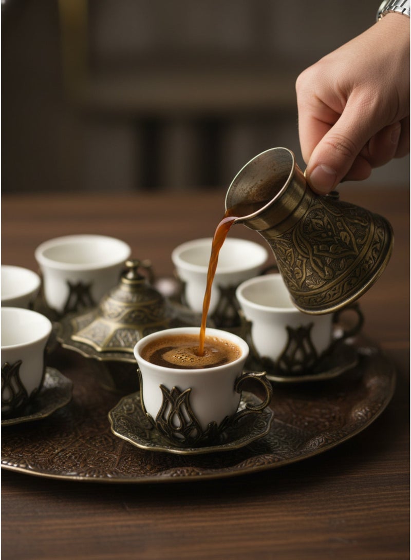 Acar Luxury Arabian Coffee Set for 12 with Tray, Glass Cups with Holders, and Covered Dates Pot in a Magical Ottoman Bronze Touch – Made in Turkey - Image 3