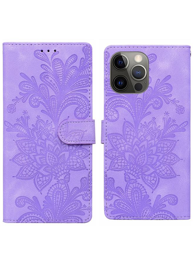 S-TOP Case For iPhone 12 Pro Lace Floral Embossed Magnetic Buckle PU Phone Case With Wrist Strap - Image 1