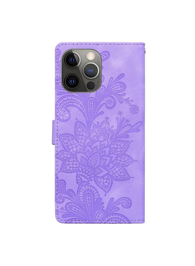 S-TOP Case For iPhone 12 Pro Lace Floral Embossed Magnetic Buckle PU Phone Case With Wrist Strap - Image 3