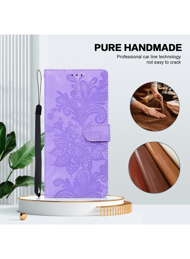 S-TOP Case For iPhone 12 Pro Lace Floral Embossed Magnetic Buckle PU Phone Case With Wrist Strap - Image 2