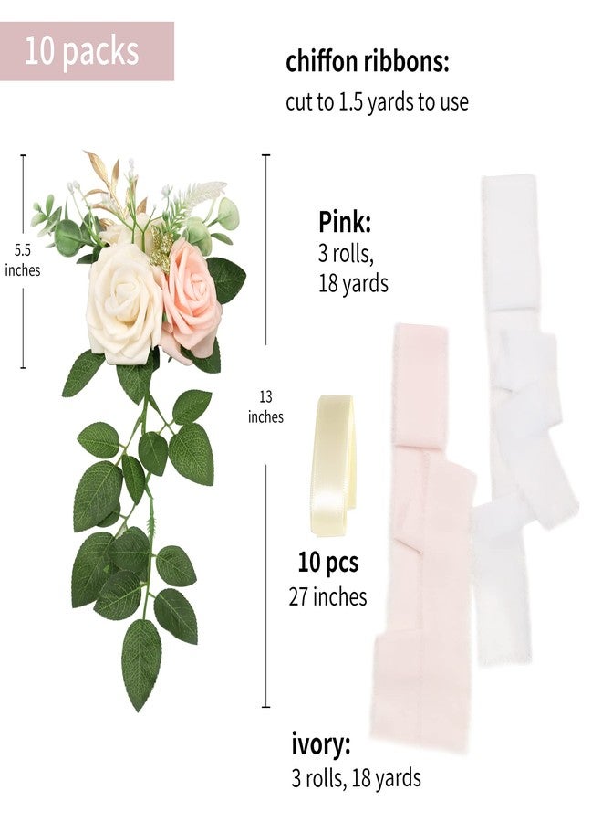 DreamBuilt Wedding Aisle Decorations - Set of 10 Pew Flowers - Artificial Roses & Eucalyptus - Pink & Cream - 5.5" x 13" - Elegant Traditional Modern Style - Chair Flowers - Image 2