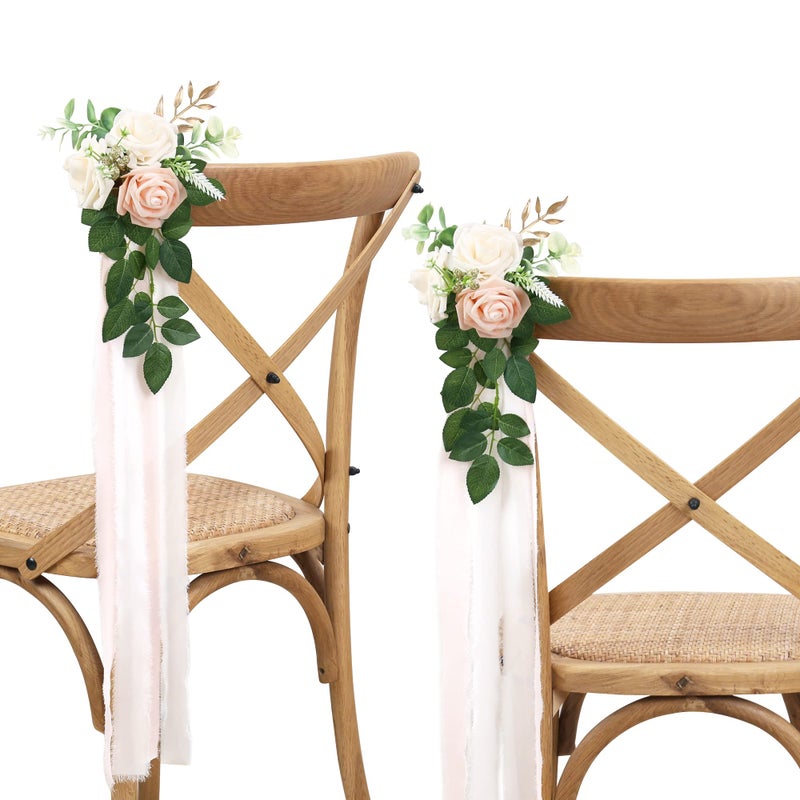 DreamBuilt Wedding Aisle Decorations - Set of 10 Pew Flowers - Artificial Roses & Eucalyptus - Pink & Cream - 5.5" x 13" - Elegant Traditional Modern Style - Chair Flowers - Image 1