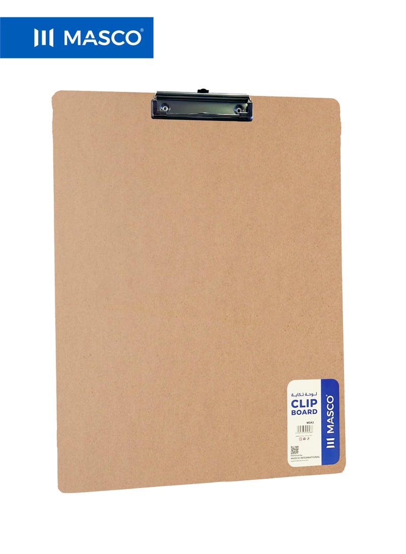 A3 MDF Wooden Clip Board with Strong Metal Clip, Natural Brown