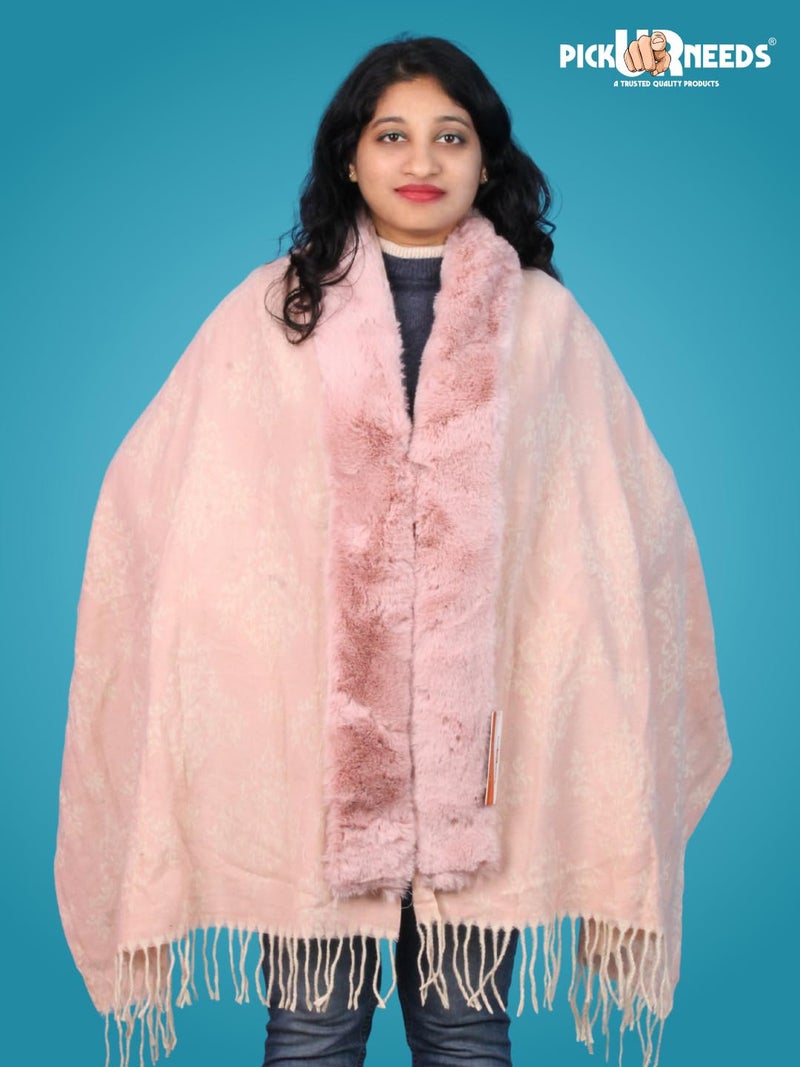 Pick Ur Needs Elegant Winter Soft & Warm Woolen Shawl with Faux Fur Border Multi Color Pattern Scarf (Pink2) - Image 4
