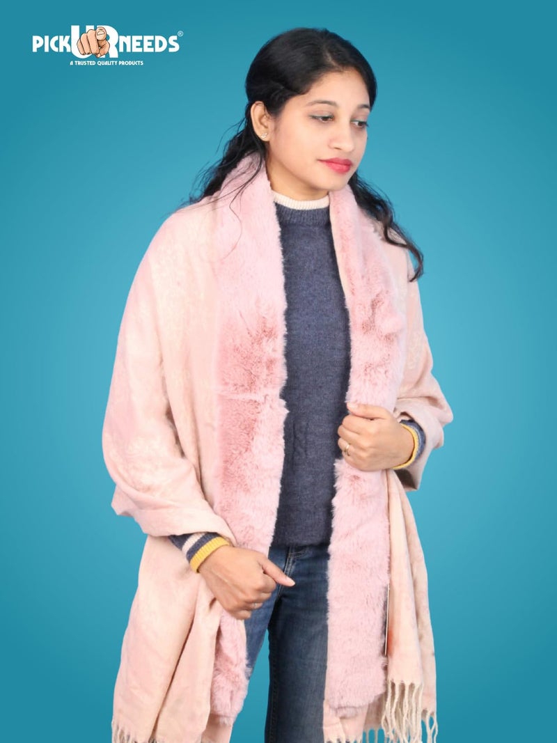 Pick Ur Needs Elegant Winter Soft & Warm Woolen Shawl with Faux Fur Border Multi Color Pattern Scarf (Pink2) - Image 5