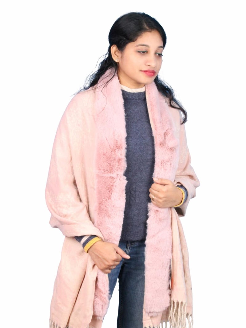 Pick Ur Needs Elegant Winter Soft & Warm Woolen Shawl with Faux Fur Border Multi Color Pattern Scarf (Pink2) - Image 1