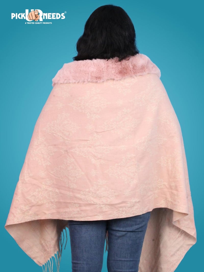 Pick Ur Needs Elegant Winter Soft & Warm Woolen Shawl with Faux Fur Border Multi Color Pattern Scarf (Pink2) - Image 2