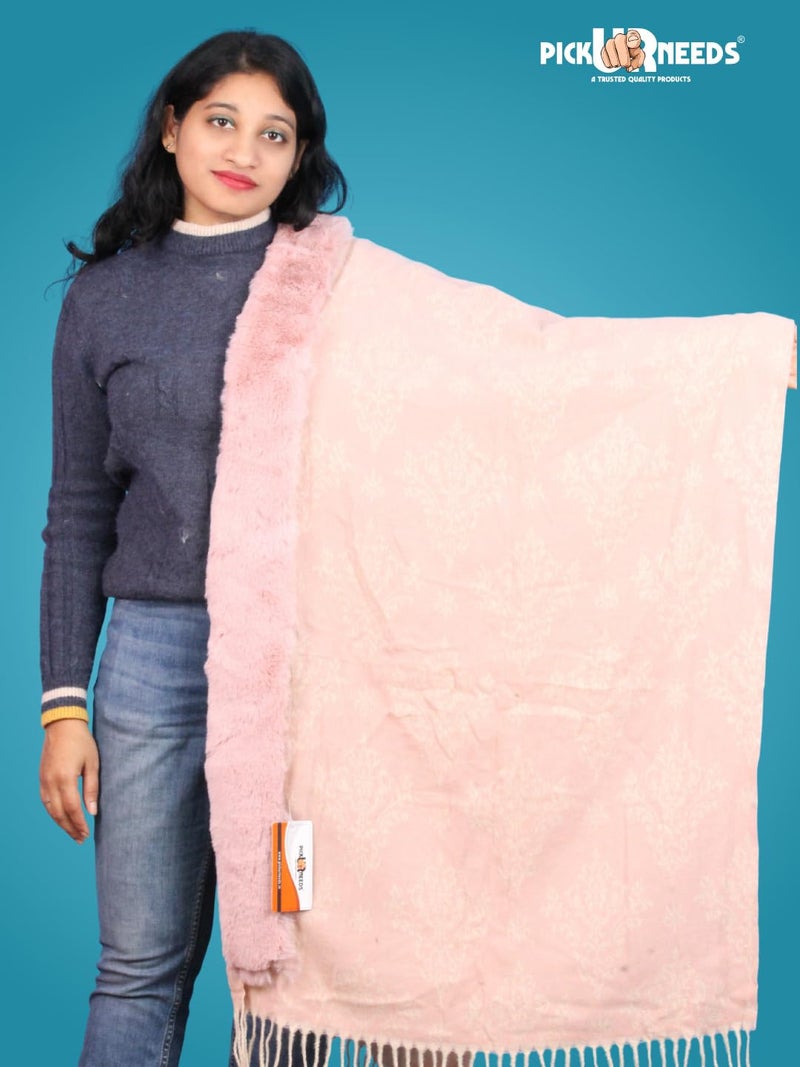 Pick Ur Needs Elegant Winter Soft & Warm Woolen Shawl with Faux Fur Border Multi Color Pattern Scarf (Pink2) - Image 3