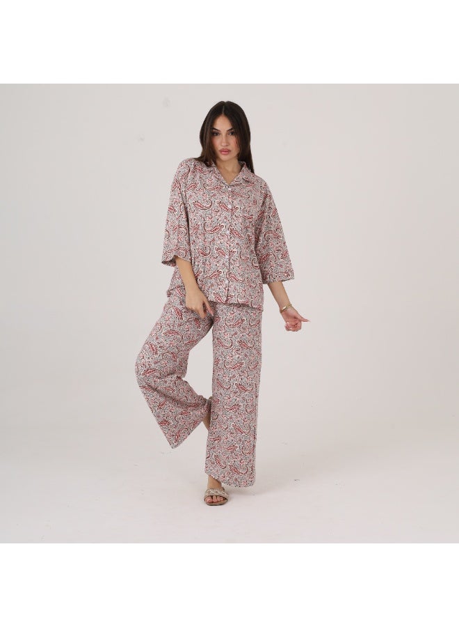 ZECOTEX Women's Soft Cotton Paisley Print Pajama Set - Button-Down Shirt & Trousers - Image 1
