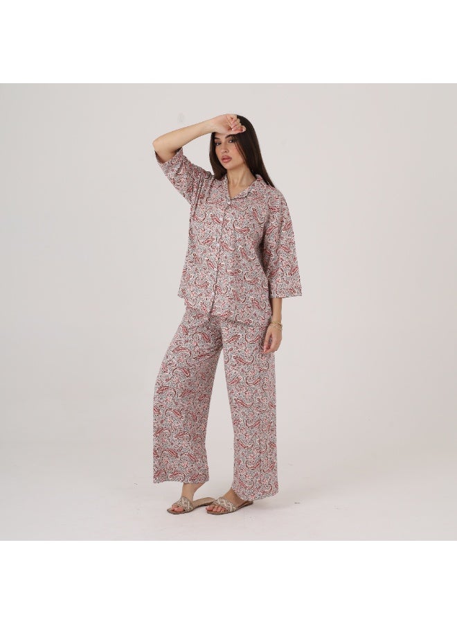 ZECOTEX Women's Soft Cotton Paisley Print Pajama Set - Button-Down Shirt & Trousers - Image 3
