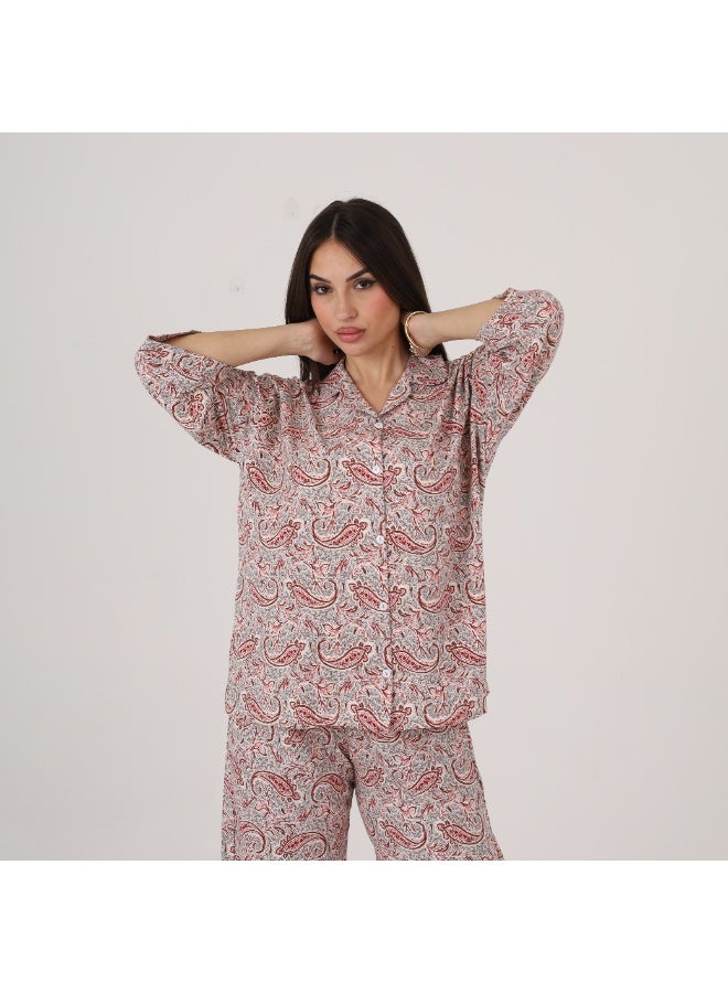 ZECOTEX Women's Soft Cotton Paisley Print Pajama Set - Button-Down Shirt & Trousers - Image 5
