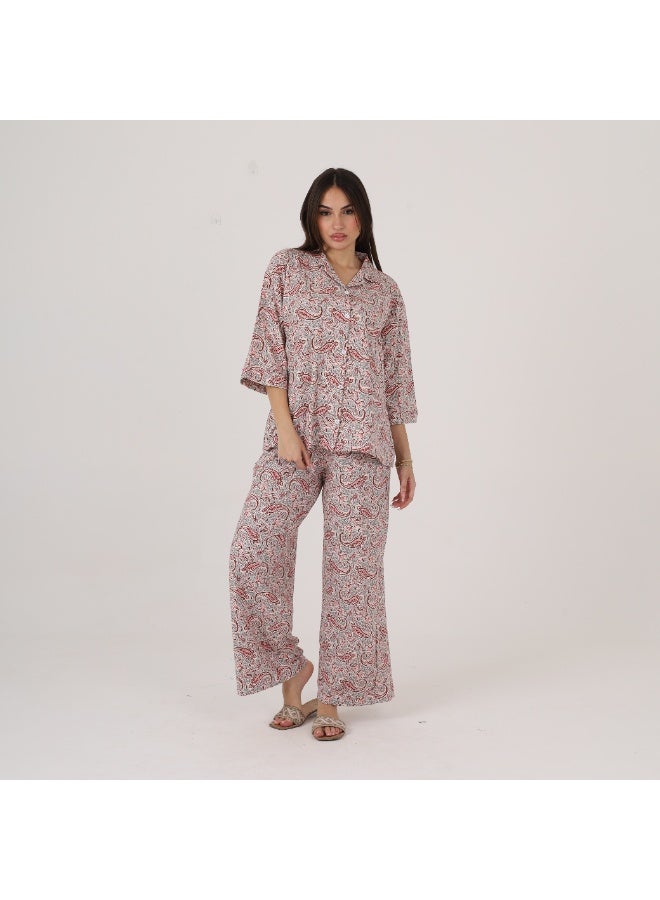 ZECOTEX Women's Soft Cotton Paisley Print Pajama Set - Button-Down Shirt & Trousers - Image 2