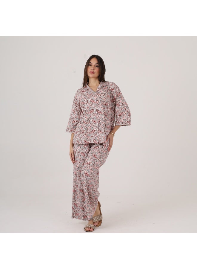 ZECOTEX Women's Soft Cotton Paisley Print Pajama Set - Button-Down Shirt & Trousers - Image 4