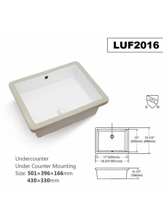 Lordear Undermount Bathroom Sink - 20x16 Inch Undermount Rectangle White Porcelain Ceramic Bathroom Lavatory Vanity Sink Basin with Overflow - Image 4