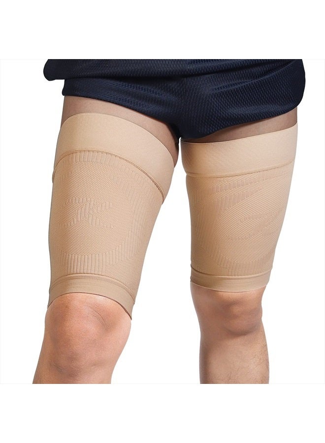 KEKING Thigh Compression Sleeves (Pair), Unisex, Hamstring Compression Sleeve for Quad & Groin Pain Relief & Recovery, Thigh Brace & Wrap Great for Running Sports & Injury, Upper Leg Sleeves Beige XXL - Image 1
