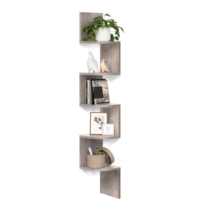 VASAGLE Corner Shelf Wall Mount 5Tier Floating Corner Bookshelf Plant Shelf for Bedroom Living Room Bathroom Home Office Heather Greige