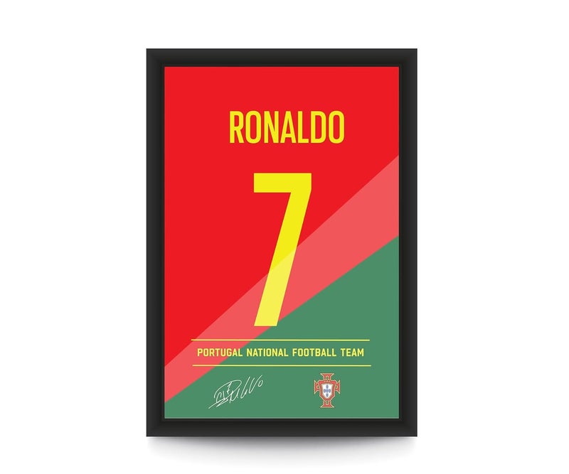 FRAMEO STORE Cristiano Ronaldo 7 Jersey Art Poster Glass frame Cristiano Ronaldo World Cup Jersey wall art framed poster A4 size 8 X 12 Inches - Image 1