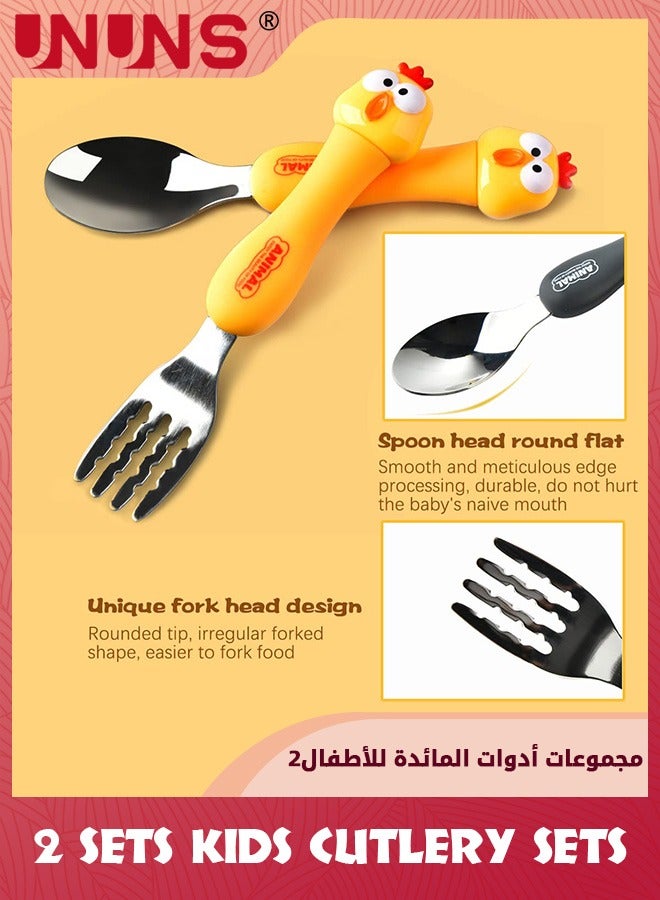 UNUNS Toddler Utensils Set,2 Set Kids Cutlery Sets,Cute Cartoon Animal Stainless Steel Fork And S,poon Set,Children's Tableware Set For Student Boys Girls,With Portable Travel Case,Chicken+Bear - Image 3