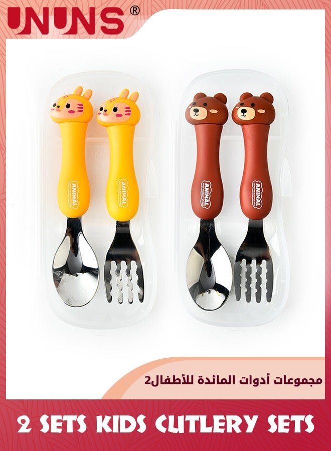 UNUNS Toddler Utensils Set,2 Set Kids Cutlery Sets,Cute Cartoon Animal Stainless Steel Fork And S,poon Set,Children's Tableware Set For Student Boys Girls,With Portable Travel Case,Chicken+Bear - Image 1