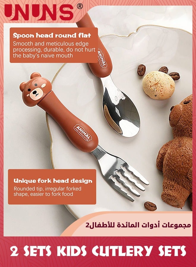 UNUNS Toddler Utensils Set,2 Set Kids Cutlery Sets,Cute Cartoon Animal Stainless Steel Fork And S,poon Set,Children's Tableware Set For Student Boys Girls,With Portable Travel Case,Chicken+Bear - Image 2