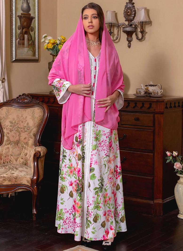 FridayIn Sweet V-neck Printing Color contrast Buttons Embroidery Regular sleeve Kaftan Pink - Image 3