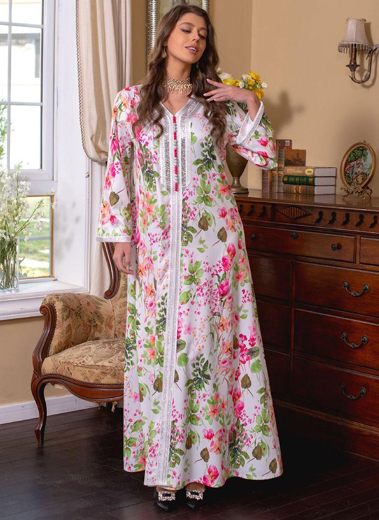 FridayIn Sweet V-neck Printing Color contrast Buttons Embroidery Regular sleeve Kaftan Pink - Image 4