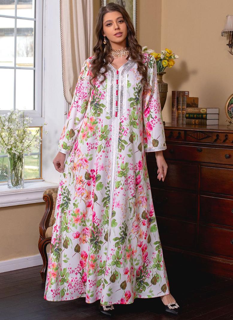 FridayIn Sweet V-neck Printing Color contrast Buttons Embroidery Regular sleeve Kaftan Pink - Image 1