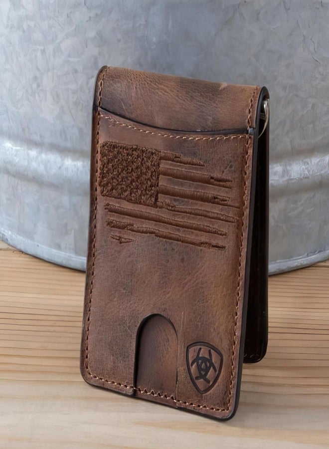 ARIAT Men's Wallet, Brown Genuine Leather, Money Clip Style, Distressed USA Flag, Shield Logo, Card Slots, ID Window - Image 2