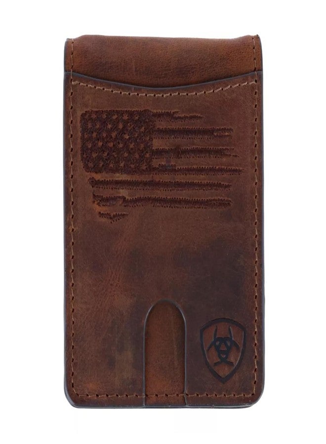 ARIAT Men's Wallet, Brown Genuine Leather, Money Clip Style, Distressed USA Flag, Shield Logo, Card Slots, ID Window - Image 1