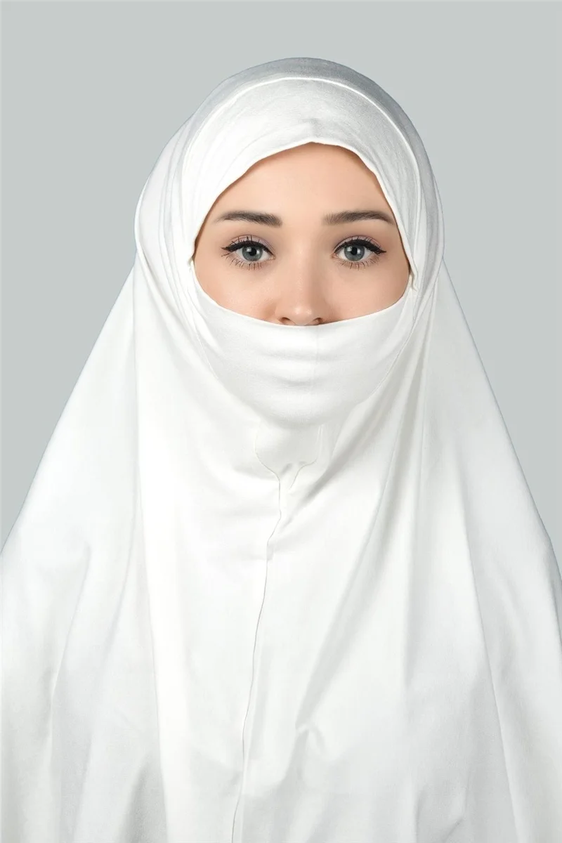 التوبة Ready-made Turban Practical Scarf with Veil Hijab with Nikap - Prayer Cover Soufflé (3Xl) - Ecru
