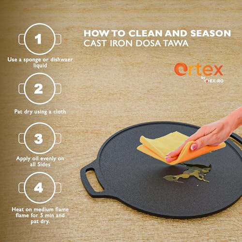 Ortex Cast Iron Dosa Tawa 12 Inch Pre Seasoned with Double Handle – Iron Tawa for Roti and Dosa Big Size | Flat Tawa for Chapati, Paratha | Gas & Induction Friendly (30 cm, Black) - Image 3