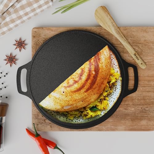 Ortex Cast Iron Dosa Tawa 12 Inch Pre Seasoned with Double Handle – Iron Tawa for Roti and Dosa Big Size | Flat Tawa for Chapati, Paratha | Gas & Induction Friendly (30 cm, Black) - Image 1