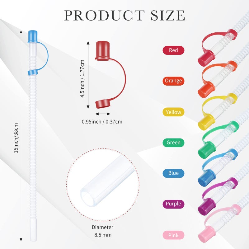 Chengu 24 Pack Flexible Straws with Drinking Caps Long Flexible Plastic Bendable Reusable Straws with 2 Cleaning Brushes for Jumbo Mugs Water Bottle(15 Inch,Assorted Colors) - Image 2