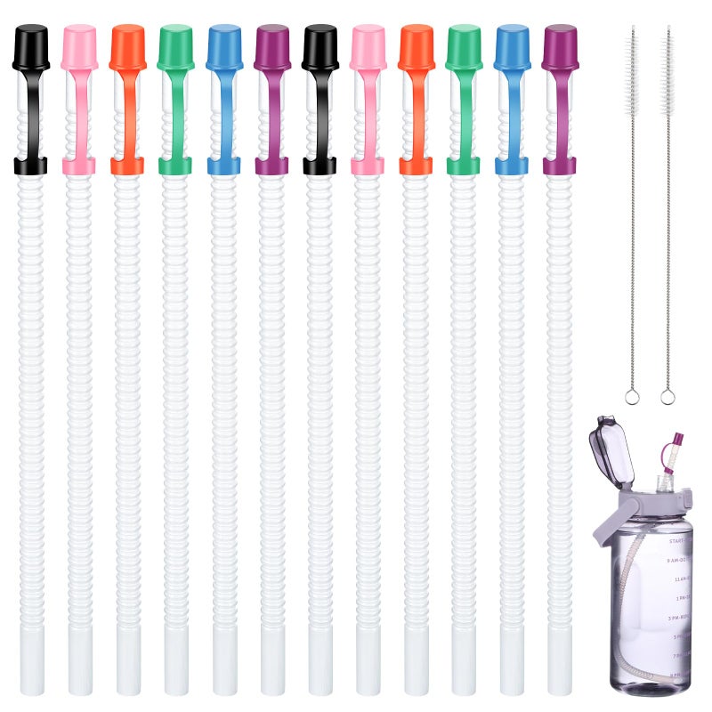 Chengu 24 Pack Flexible Straws with Drinking Caps Long Flexible Plastic Bendable Reusable Straws with 2 Cleaning Brushes for Jumbo Mugs Water Bottle(15 Inch,Assorted Colors) - Image 1