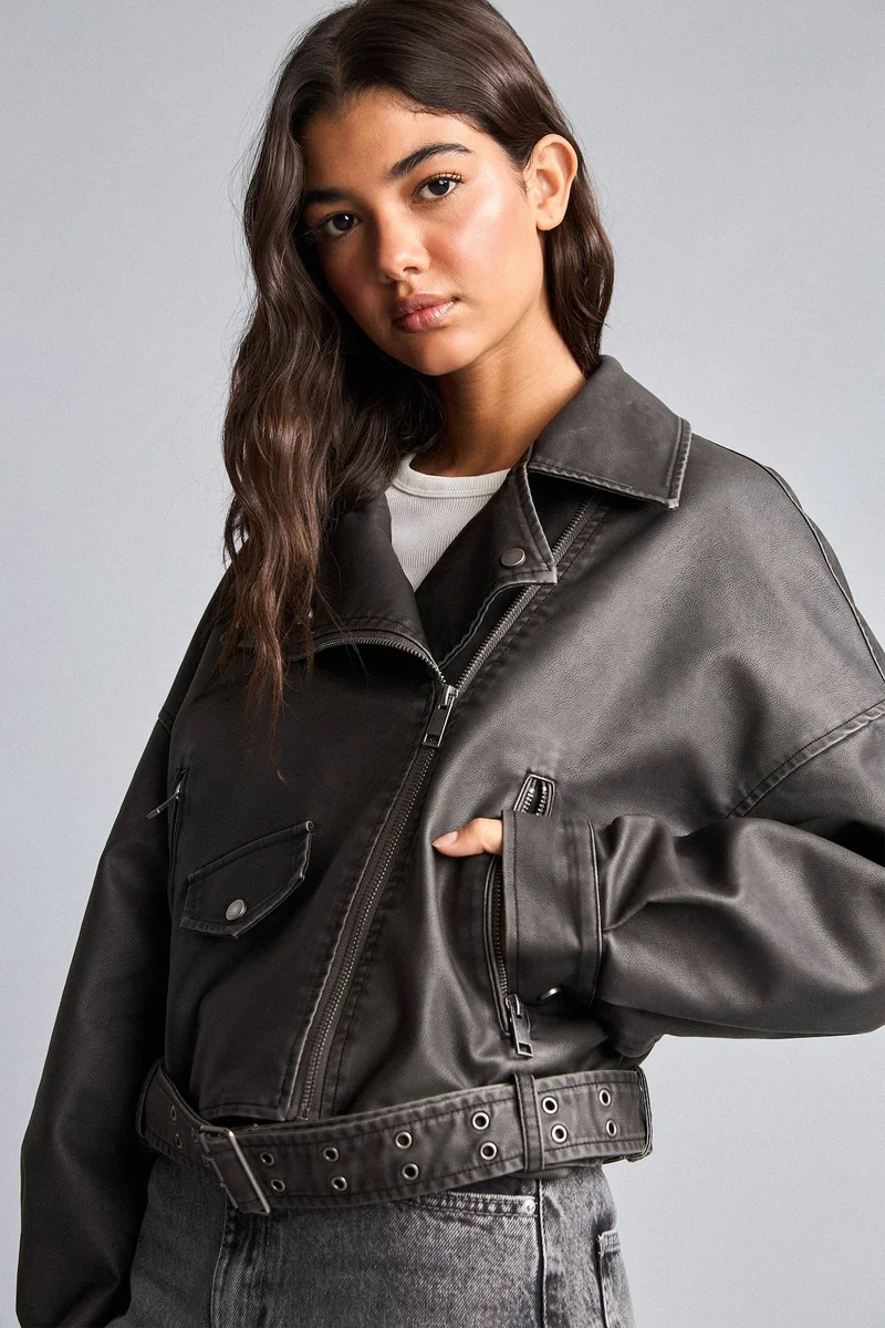 Defacto  Oversize Fit Taffeta Faux Leather Faux Leather Jacket for Women | Best Price UAE