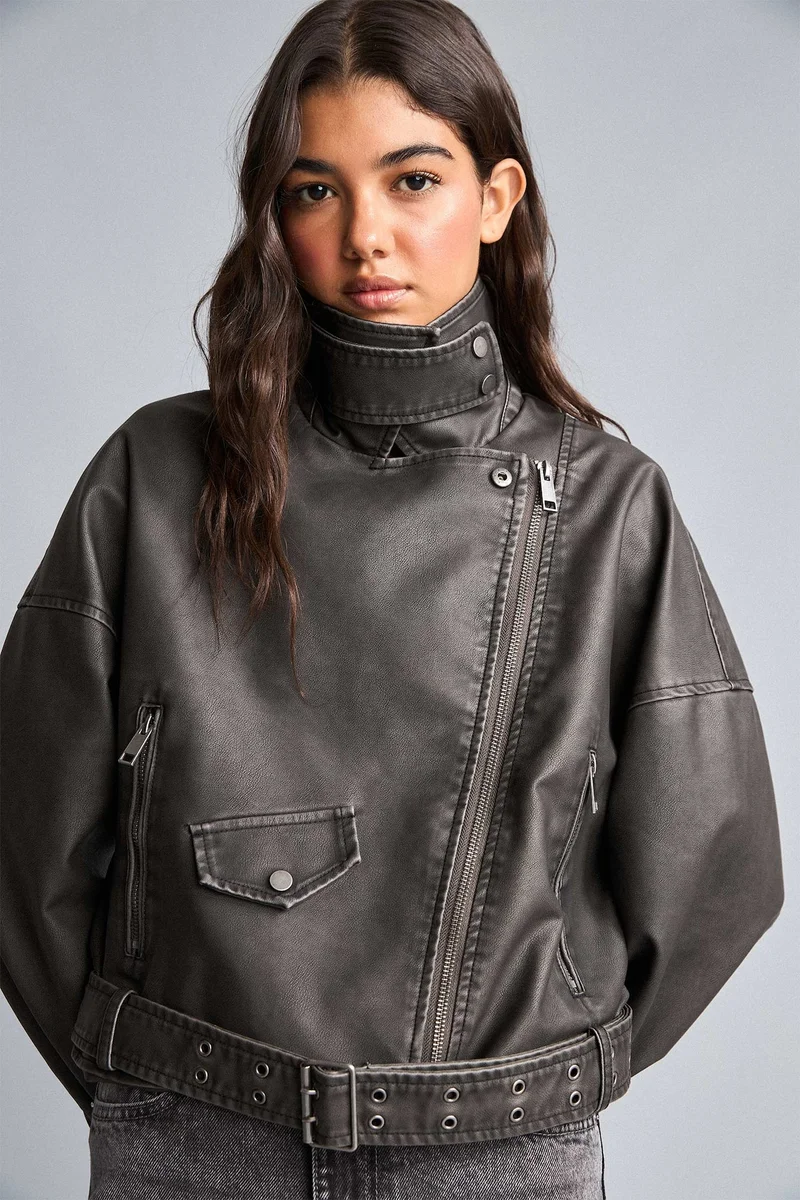 Defacto  Oversize Fit Taffeta Faux Leather Faux Leather Jacket for Women | Best Price UAE