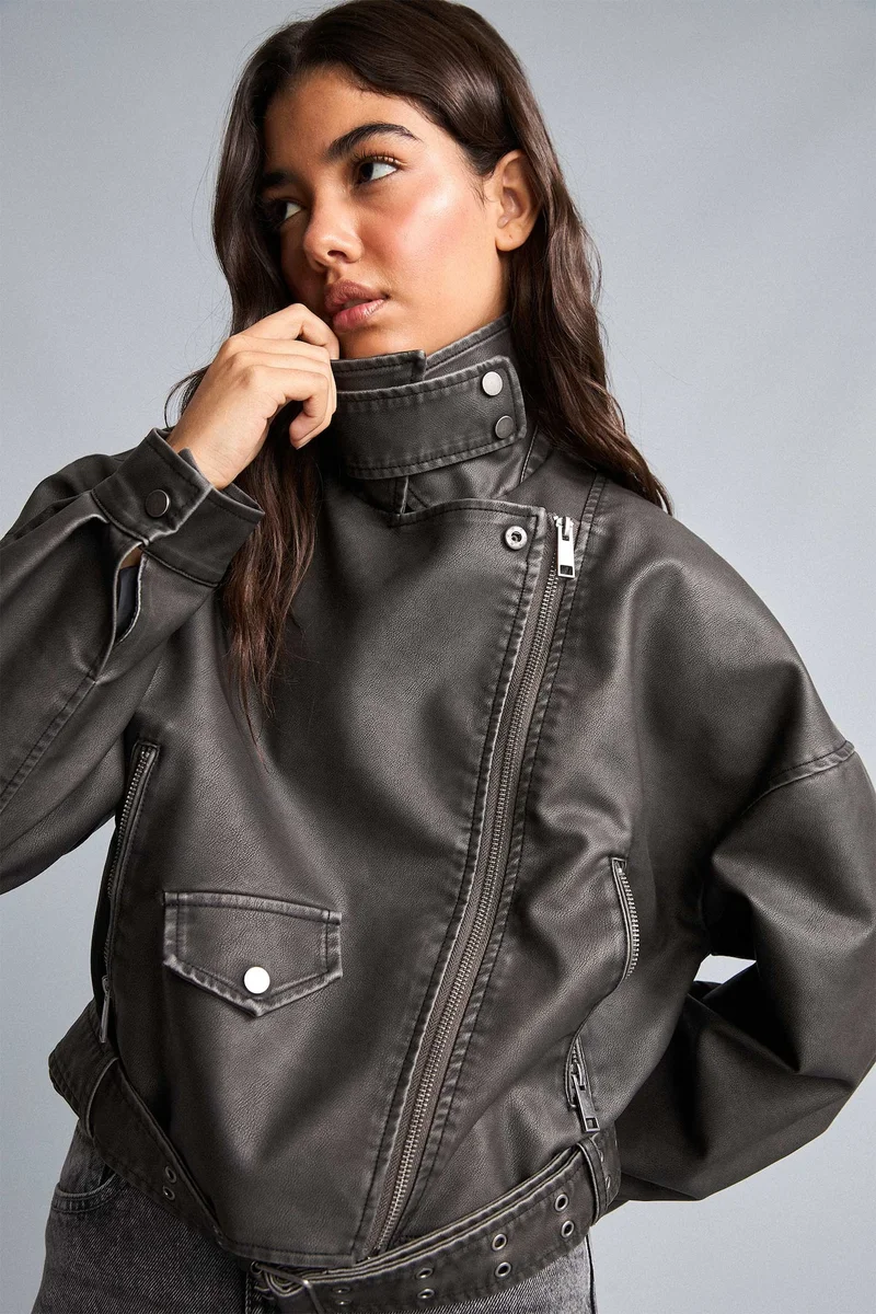 Oversize Fit Taffeta Faux Leather Faux Leather Jacket