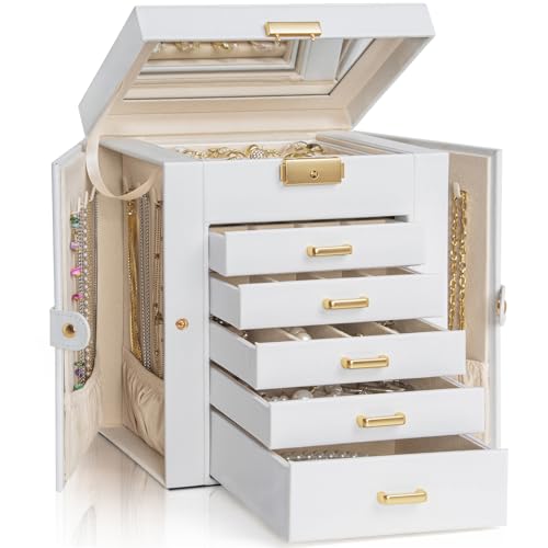 AKOZLIN 6Tier Jewelry Box Lockable Leather Jewelry Storage Case with 5 Drawers for Women Girls Ring Necklace Earring Bracelet Holder Organizer with Mirror - Image 1